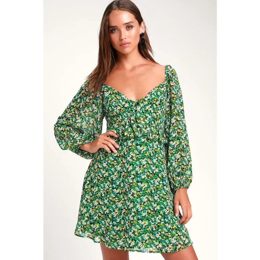 lulus green floral dress Green Floral Ruffled Midi Dress | Womens | X-Small (Available in S, M, L) | 100% Polyester